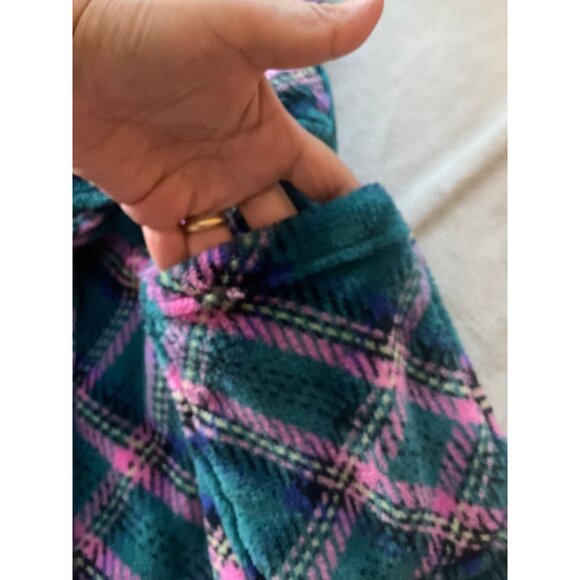Victorias Secret Womens Sz Medium-large Plaid Fleece Robe Emerald Green Pink - Picture 7 of 10